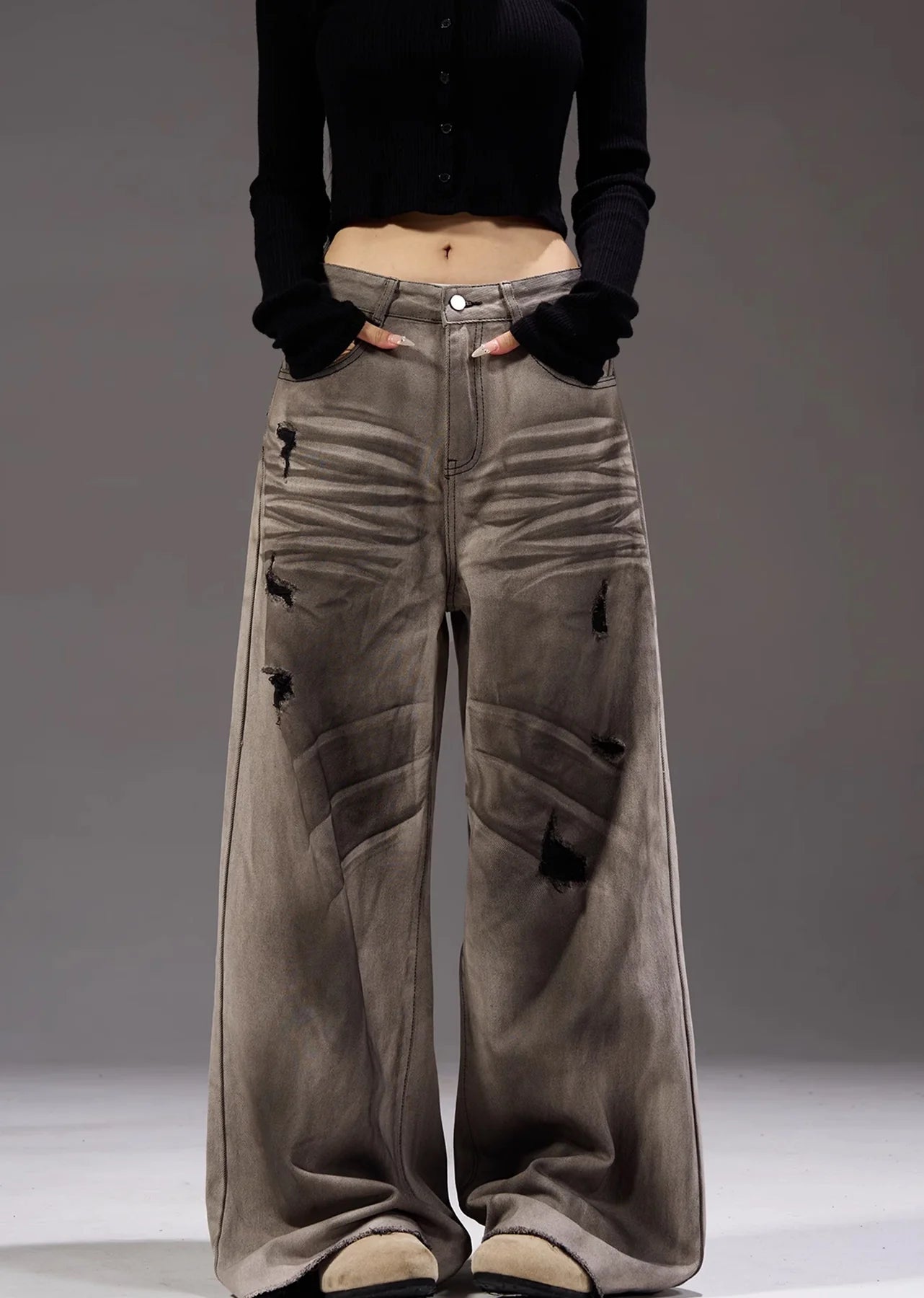 White base vintage faded denim wide pants