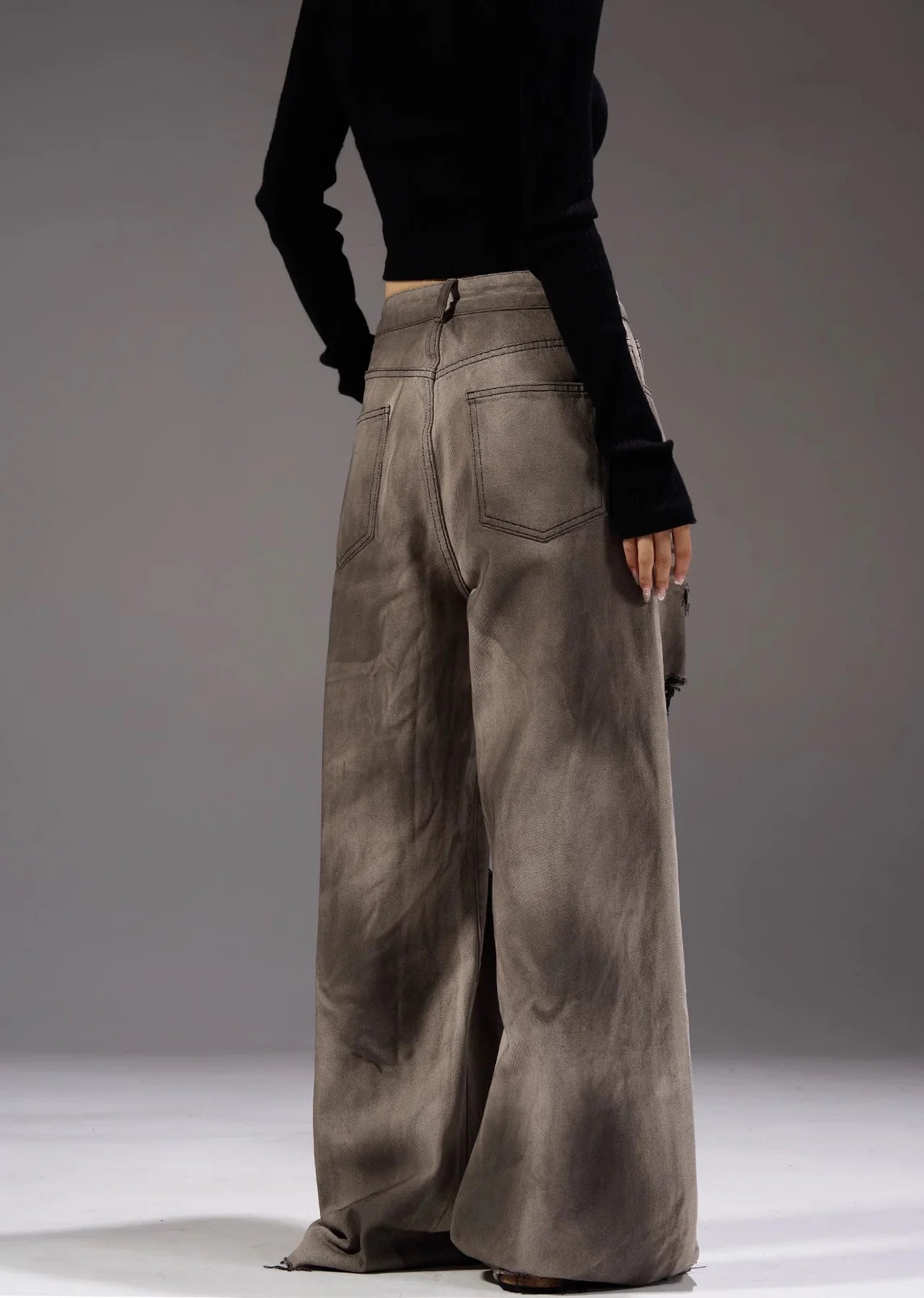 White base vintage faded denim wide pants