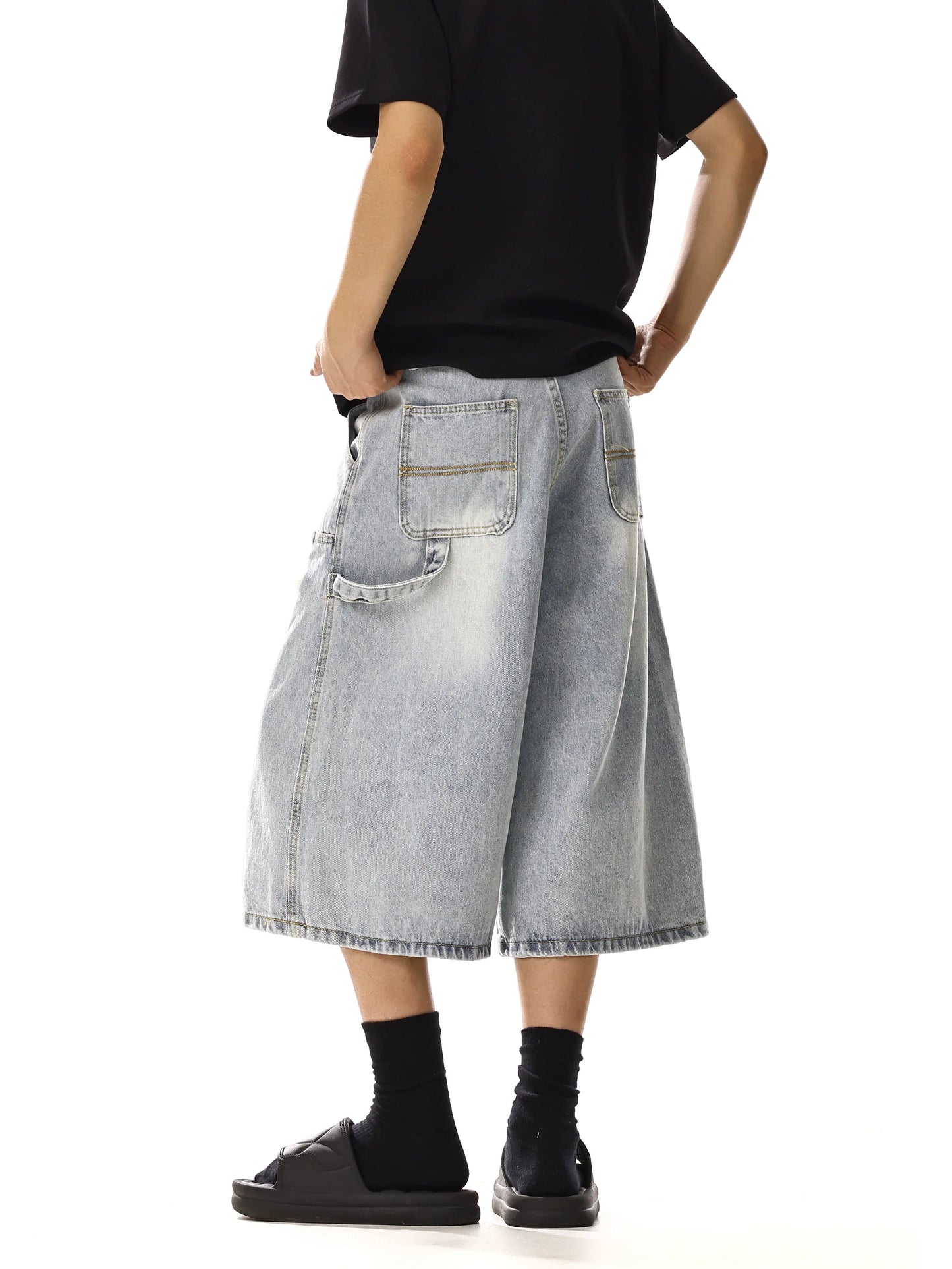 DOUBLE KNEE DAMAGE DENIM SHORTS