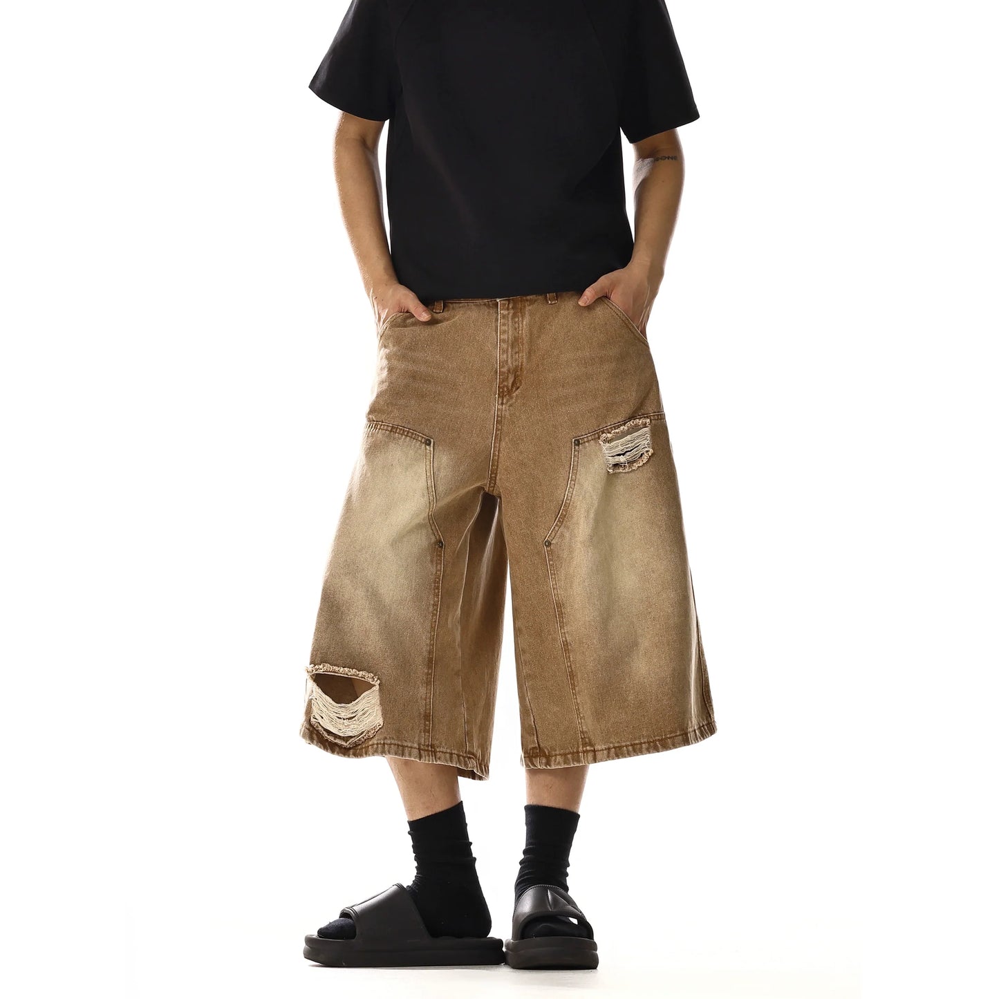 DOUBLE KNEE DAMAGE DENIM SHORTS