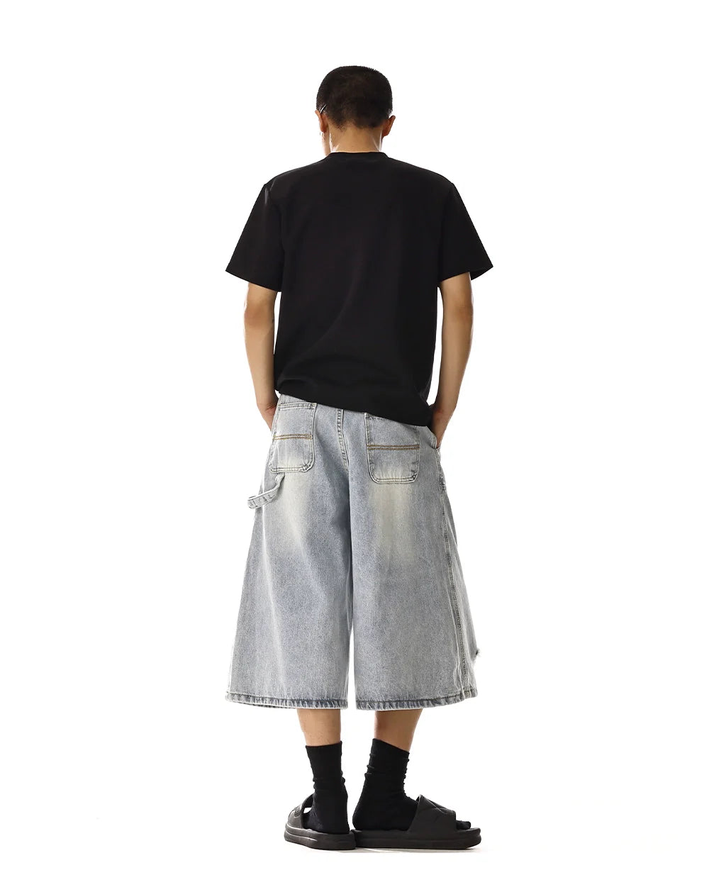 DOUBLE KNEE DAMAGE DENIM SHORTS