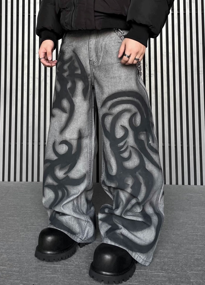 Flame fiber design painted denim pants