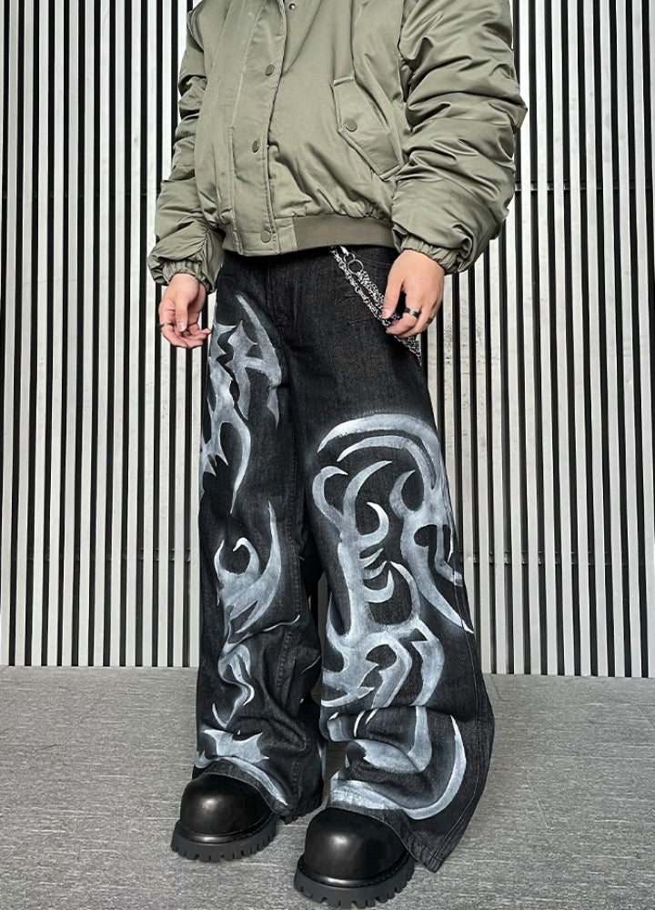 Flame fiber design painted denim pants