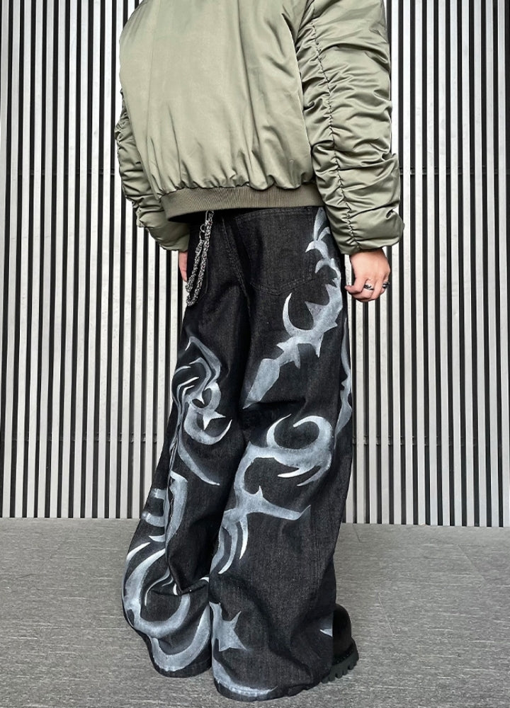Flame fiber design painted denim pants