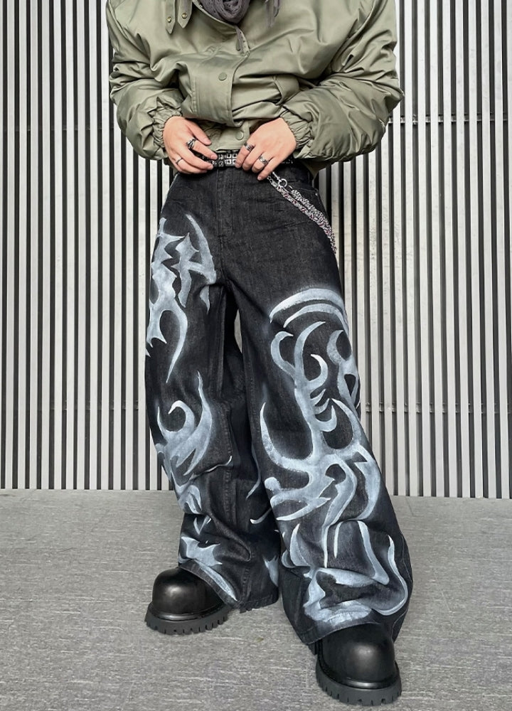 Flame fiber design painted denim pants