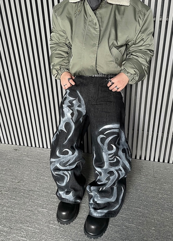 Flame fiber design painted denim pants
