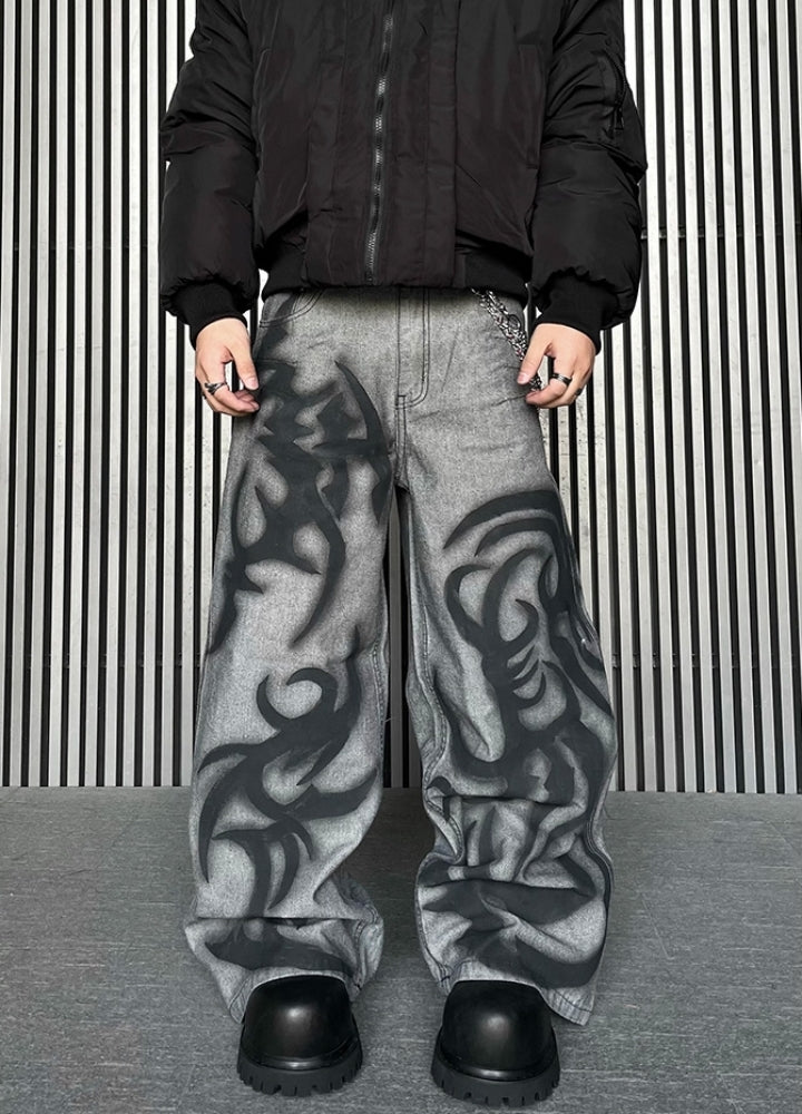 Flame fiber design painted denim pants