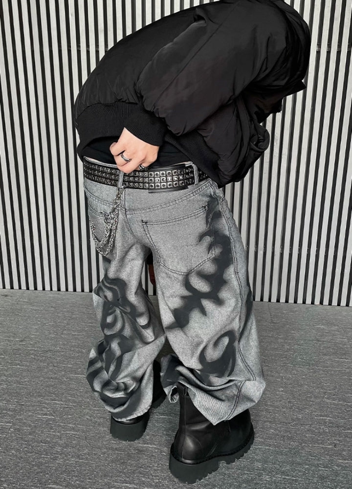 Flame fiber design painted denim pants