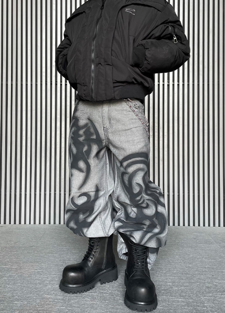 Flame fiber design painted denim pants