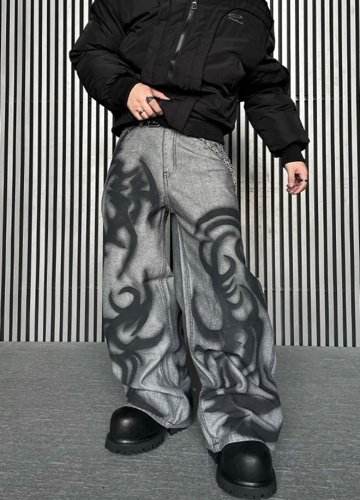 Flame fiber design painted denim pants