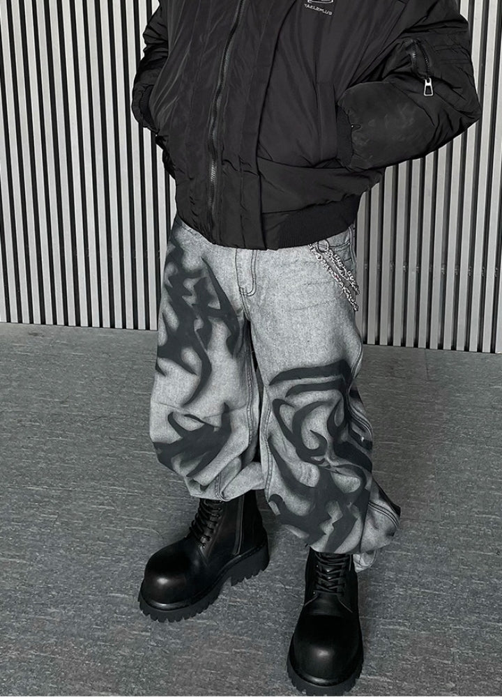 Flame fiber design painted denim pants
