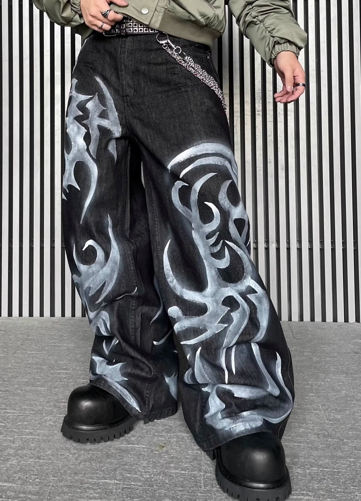 Flame fiber design painted denim pants