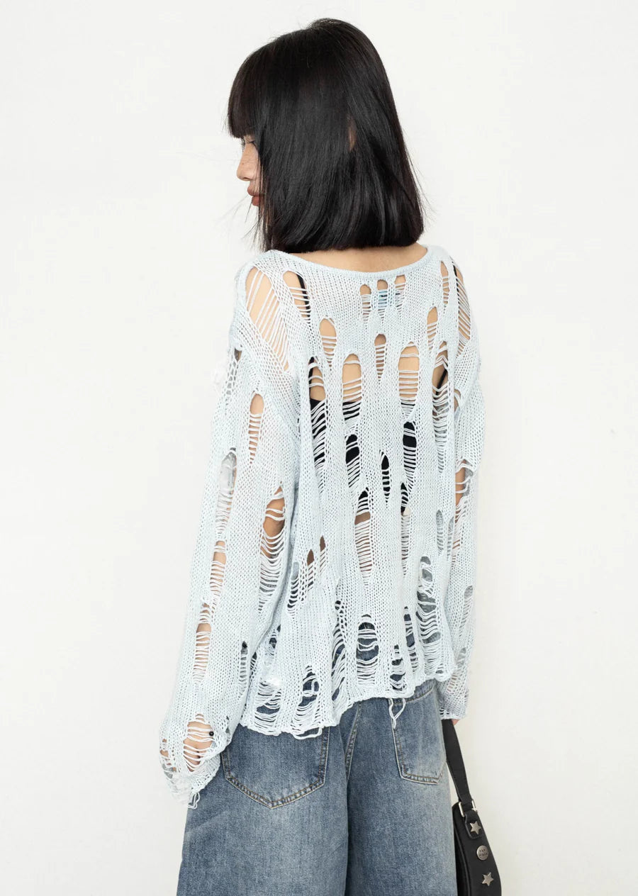 Mesh Skeleton Mid-length Distressed Knit Sweater