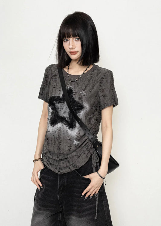 Grunge style star design front short sleeve T-shirt