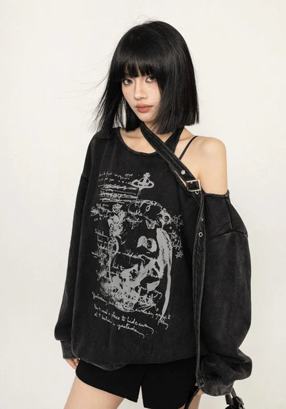 Grunge dull dark black knee-cut design long sleeve shirt