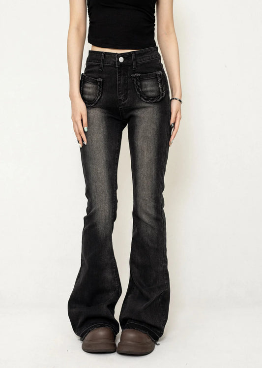 Simple washed black flared silhouette denim pants