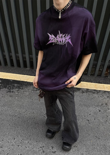 washed dark colored subculture short sleeve T-shirt