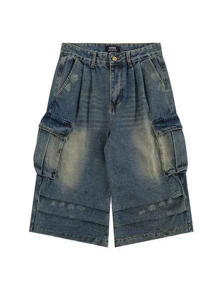 Dull wash wide silhouette denim shorts RH0131