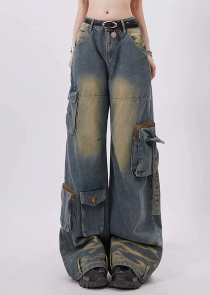 Loose silhouette dull wash design denim cargo pants RH0104