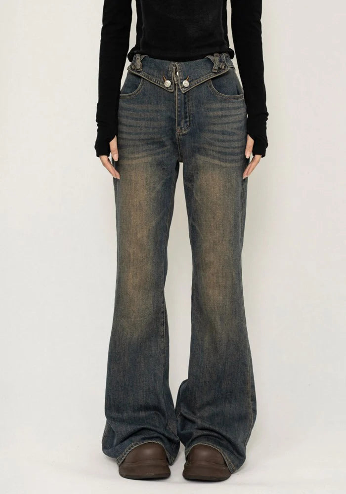 Grunge dull wash processing flared silhouette classic denim pants