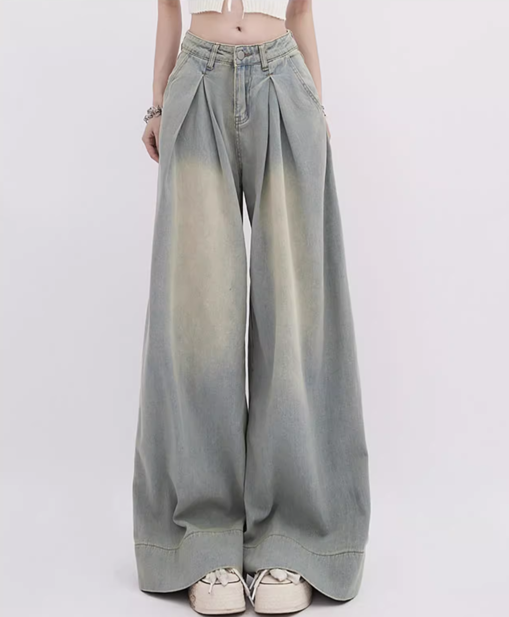 Pleats design suoer wide denim pants washed blue