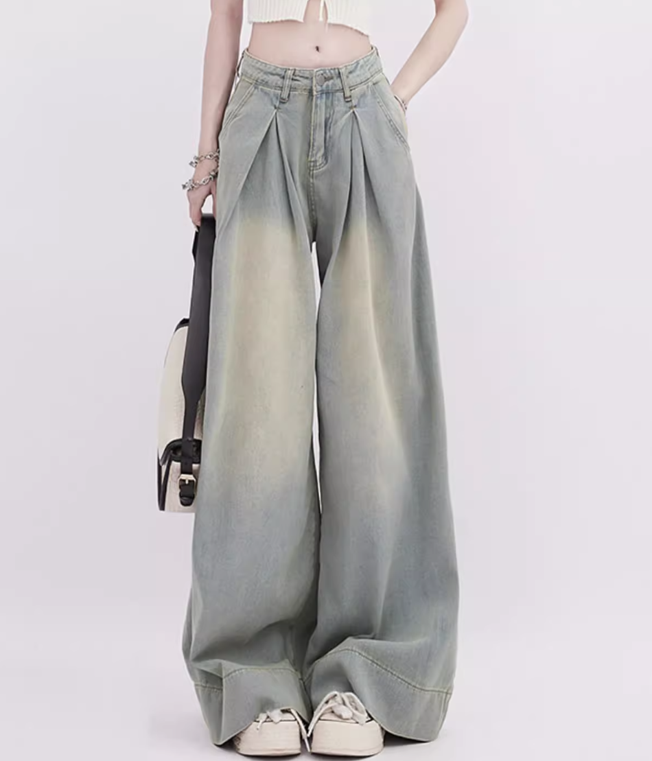 Pleats design suoer wide denim pants washed blue