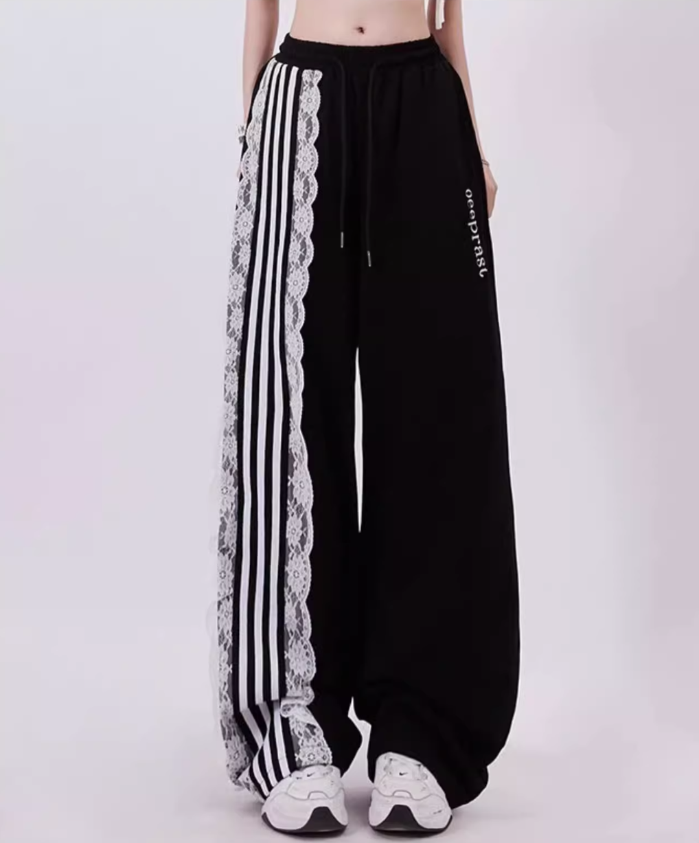 Asymmetry stripe fringe design casual pants