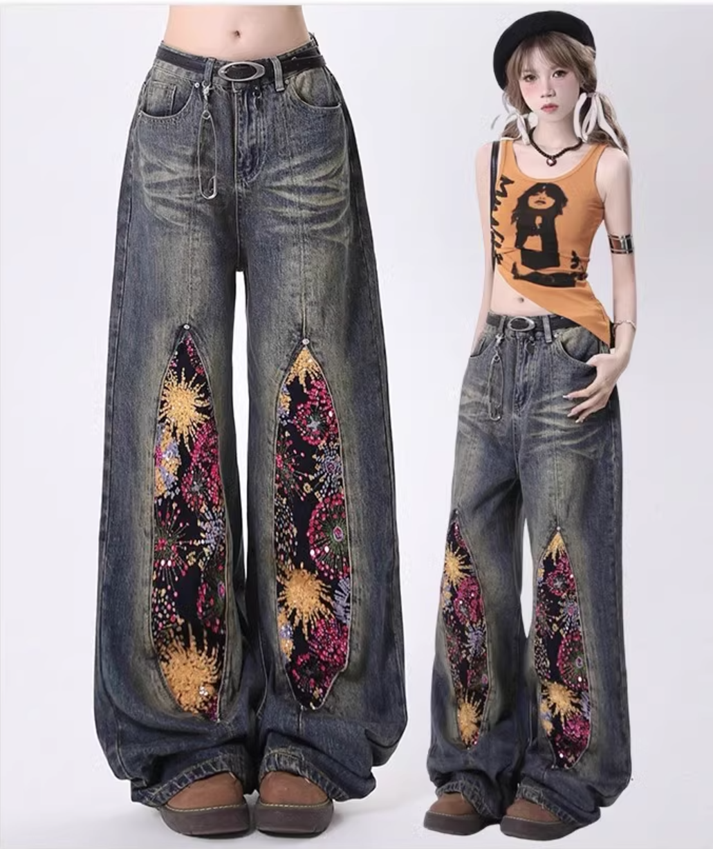 Split flower patch-work design wide denim