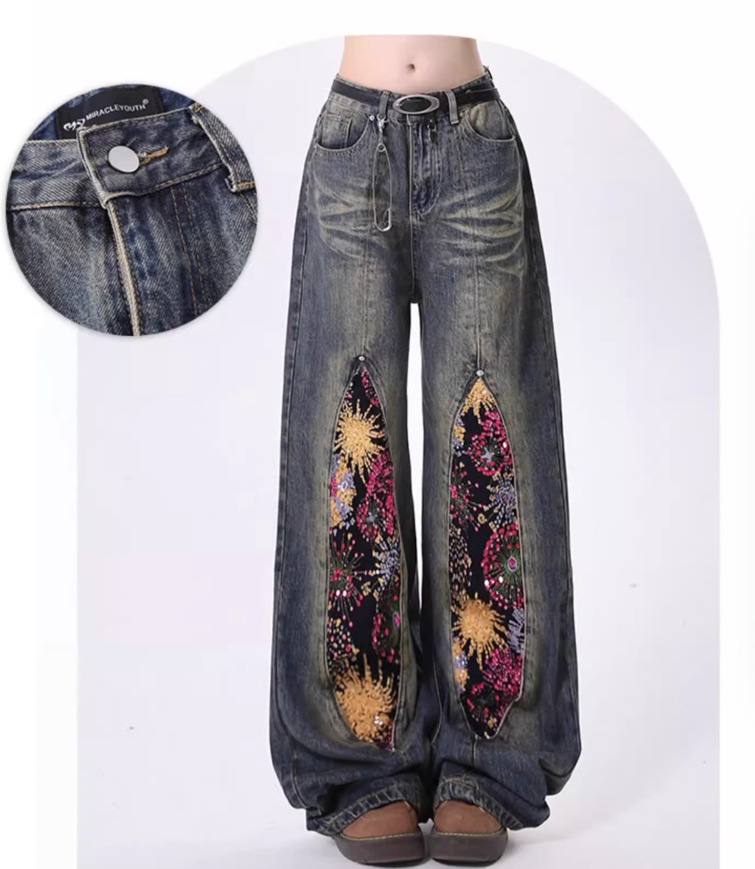 Split flower patch-work design wide denim