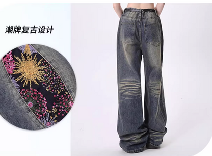 Split flower patch-work design wide denim