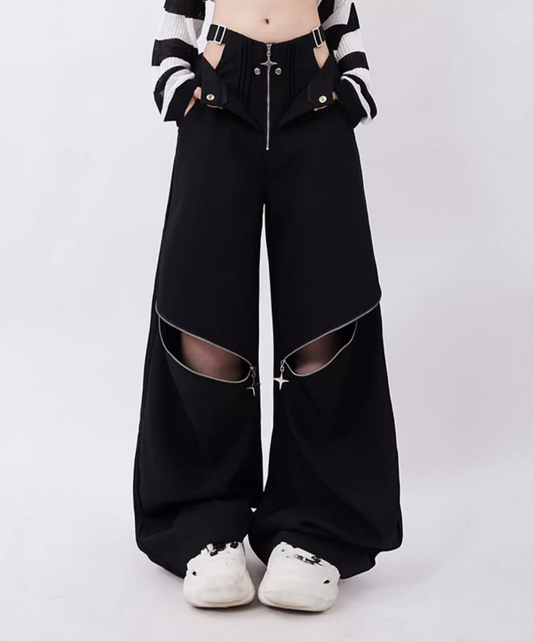 Knee zipper design wide silhouette pants