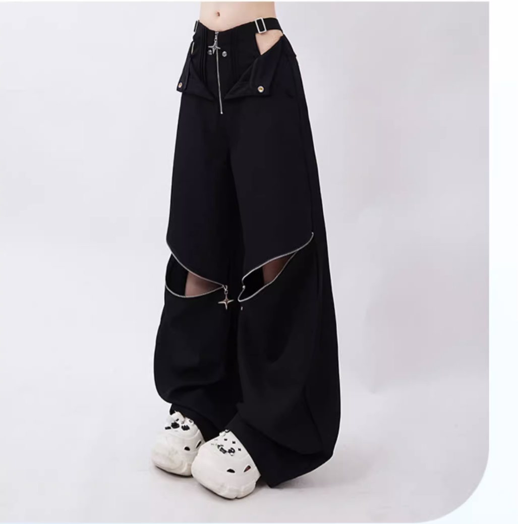 Knee zipper design wide silhouette pants