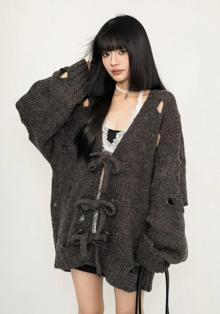 Soft color wide over design knit fabric cardigan