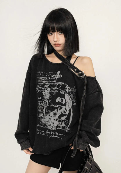 Grunge dull dark black knee-cut design long sleeve shirt