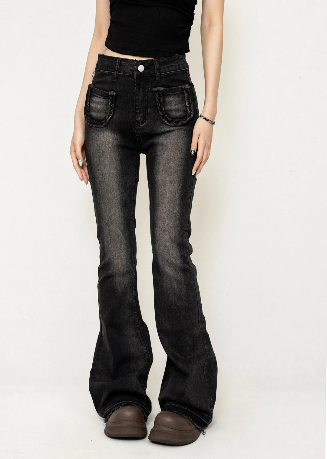 Simple washed black flared silhouette denim pants