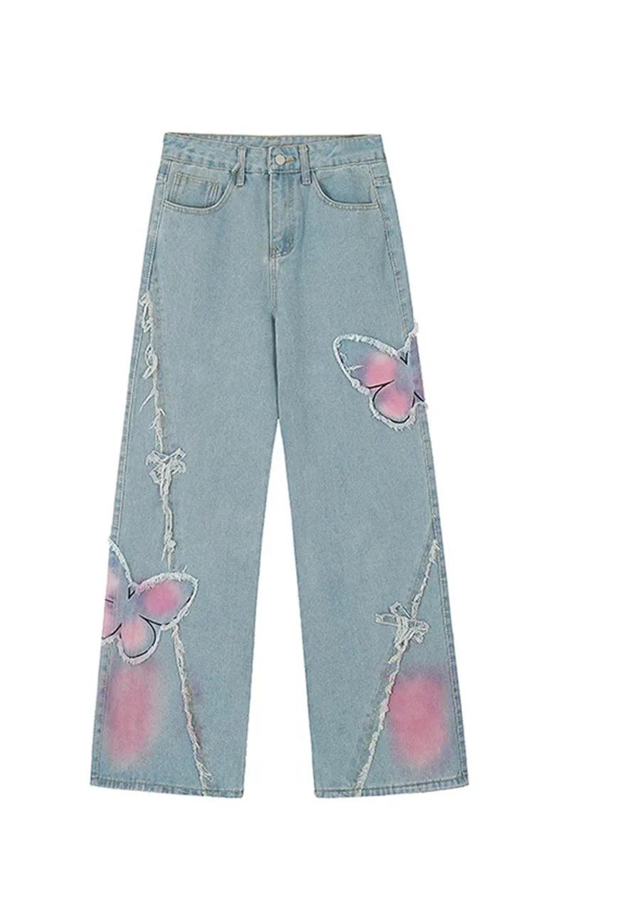 Color butterfly design attachment balance denim pants RH0108