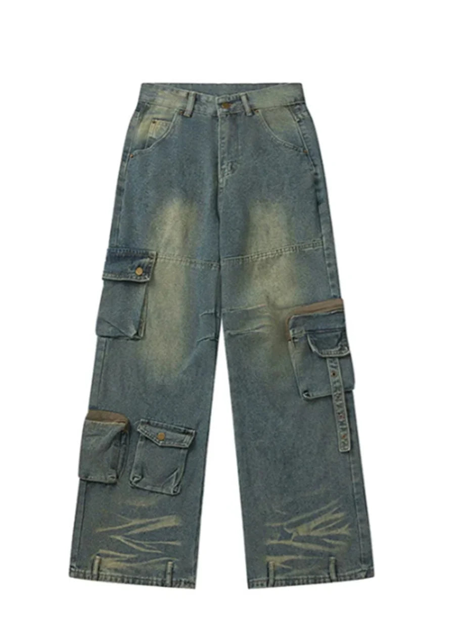 Loose silhouette dull wash design denim cargo pants RH0104