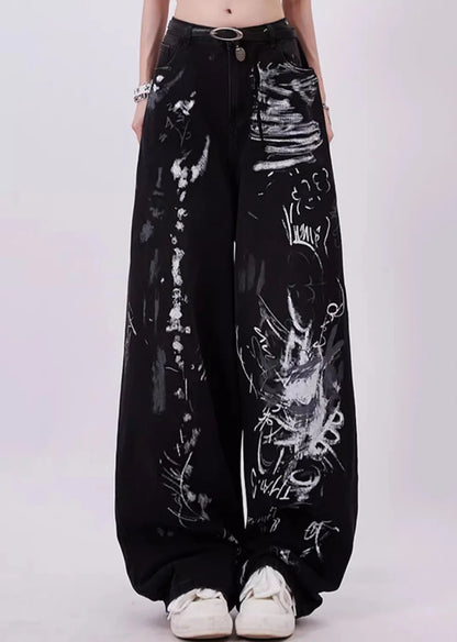 Graffiti style monotone color grunge wide denim pants RH0119