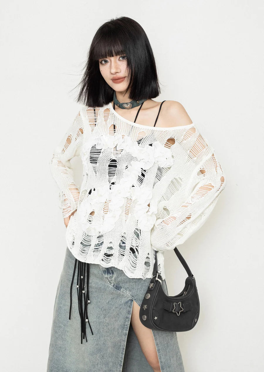 Mesh Skeleton Mid-length Distressed Knit Sweater