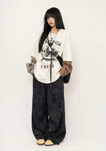 Random dull color wide straight silhouette design pants