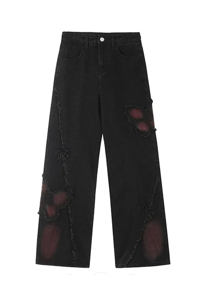 Color butterfly design attachment balance denim pants RH0108