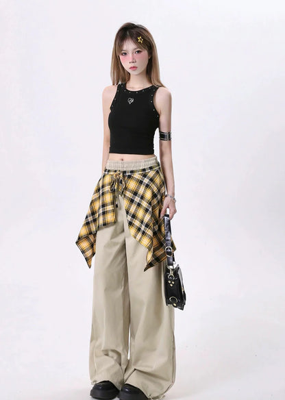 Waist check design sweat style wide pants RH0130