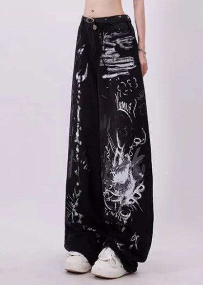 Graffiti style monotone color grunge wide denim pants RH0119