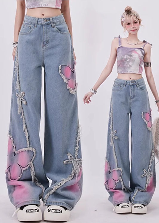 Color butterfly design attachment balance denim pants RH0108