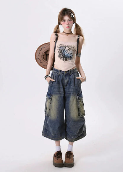 Dull wash wide silhouette denim shorts RH0131