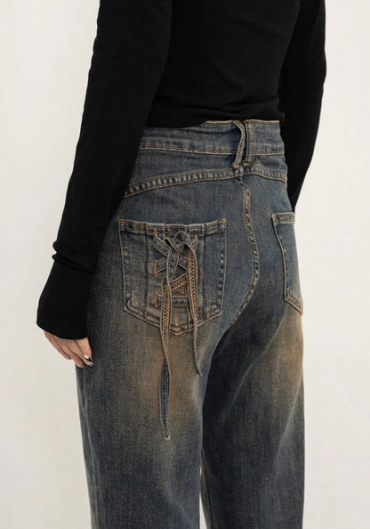 Grunge dull wash processing flared silhouette classic denim pants