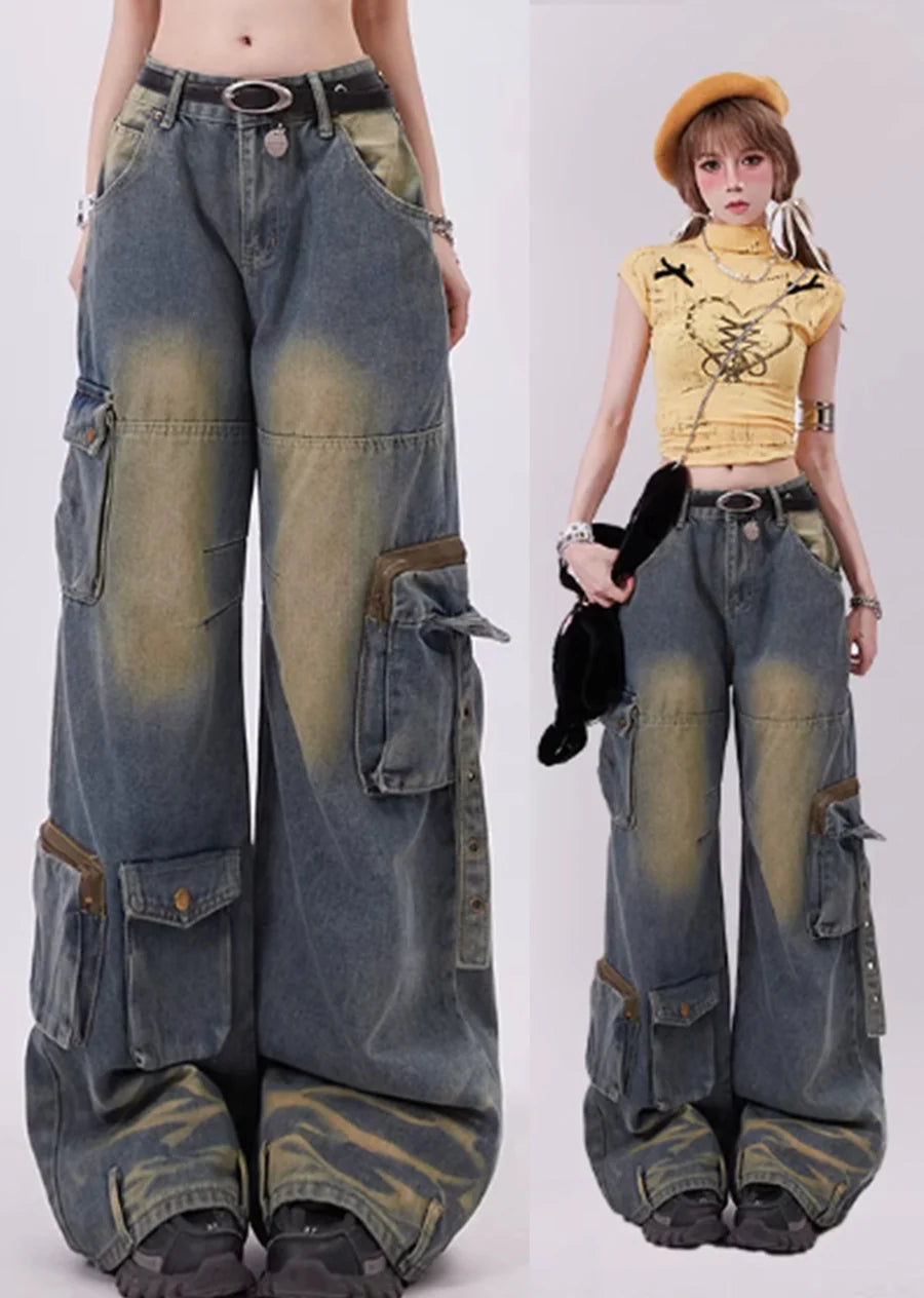 Loose silhouette dull wash design denim cargo pants RH0104