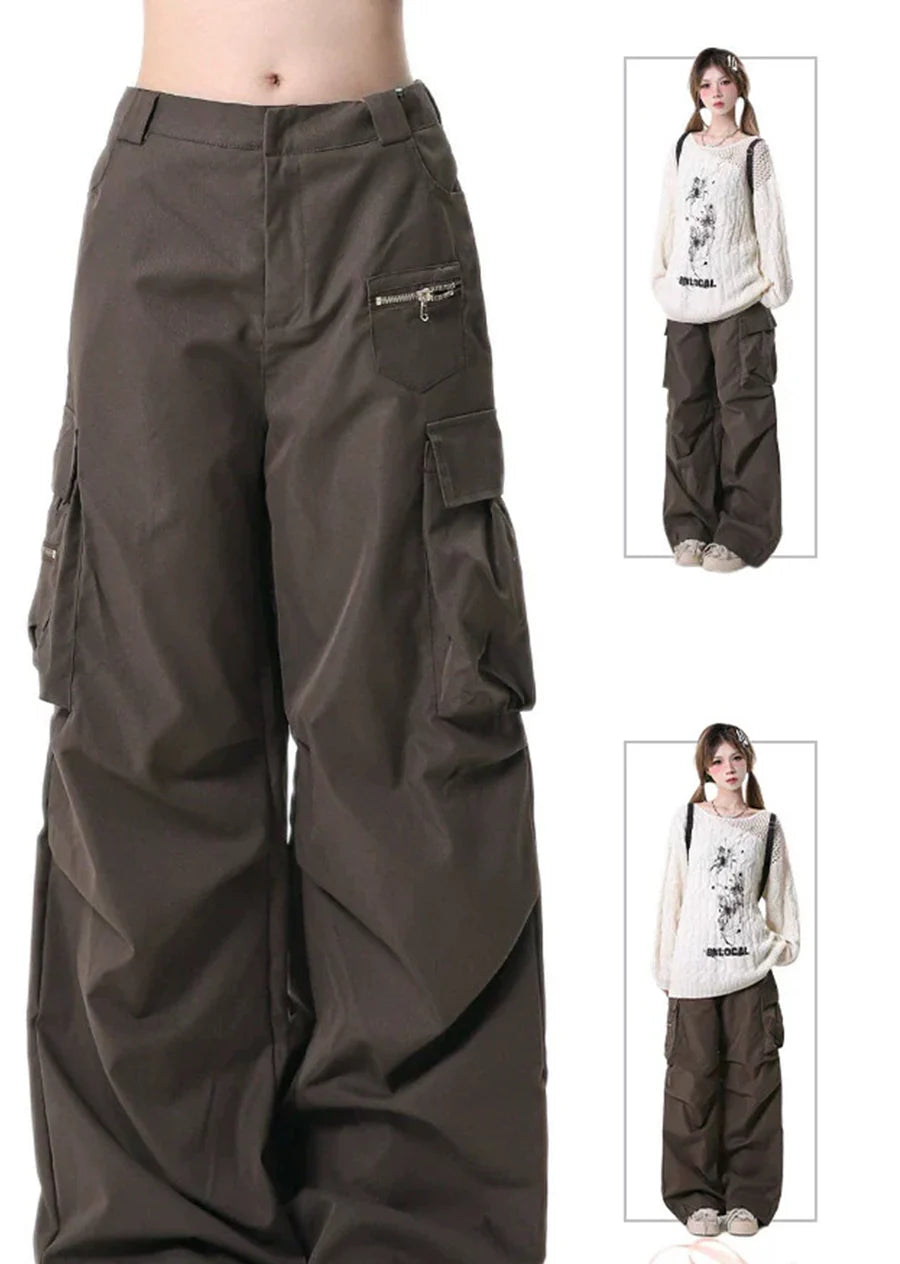 Tuck plus cargo design simple color wide pants RH0129