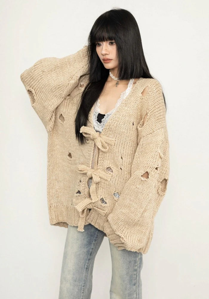 Soft color wide over design knit fabric cardigan