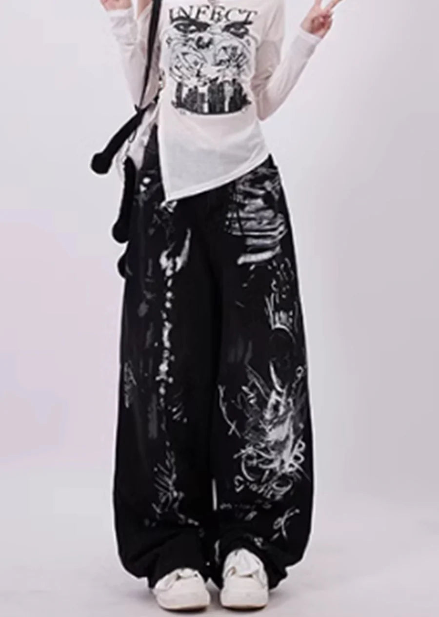 Graffiti style monotone color grunge wide denim pants RH0119